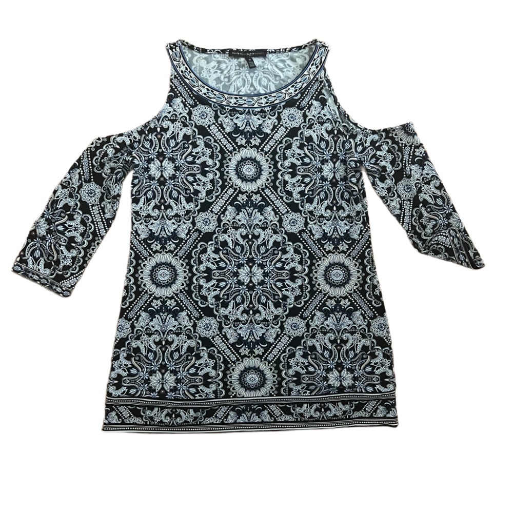 White House Black Market Black and White Patterned Top Size Medium Cold Shoulder - Picture 2 of 8